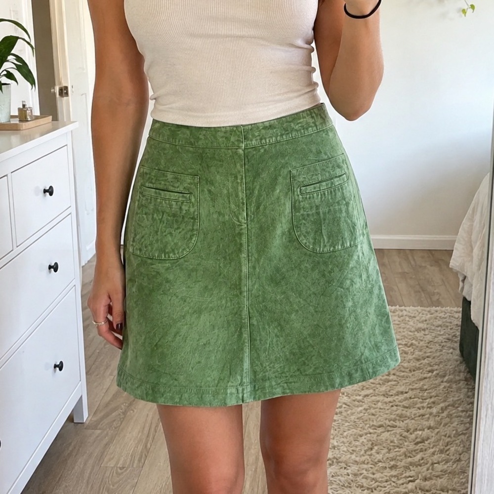 Vtg Lilly Pulitzer Green Washable Pig Suede Leather Mini Skirt 8 Patch Pockets